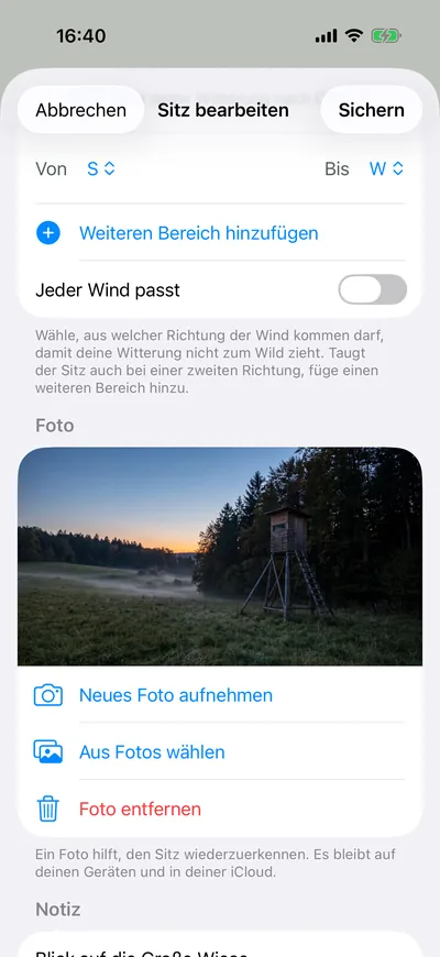 Ansitzwind auf dem iPhone, Sitz bearbeiten: Abschnitt Foto mit dem Bild der Kanzel und den Knöpfen „Neues Foto aufnehmen“, „Aus Fotos wählen“ und „Foto entfernen“.