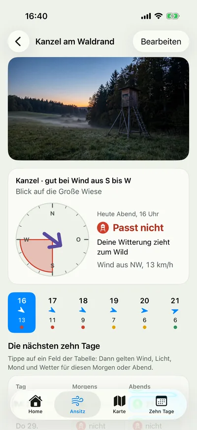 Ansitzwind, Seite der Kanzel am Waldrand: oben das Foto der Kanzel, darunter das Fazit für heute Abend mit Kompass und die Stunden mit Ampel.