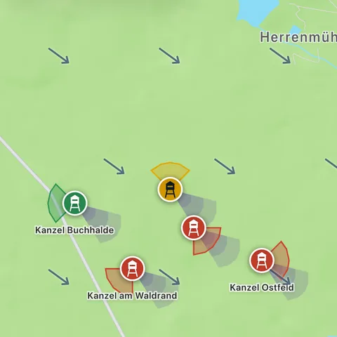 Dieselbe Stelle auf der Standardkarte: grüne Flächen, Weg und Stausee, darauf Windpfeile und Sitze.