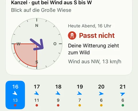 Ansitzwind, Kanzel am Waldrand, gut bei Wind aus S bis W: um 16 Uhr passt es nicht, die Witterung zieht zum Wild. Darunter die Stunden von 16 bis 21 Uhr mit Windpfeil, Stärke und Ampelpunkt, erst rot, um 19 und 20 Uhr gelb, um 21 Uhr grün.
