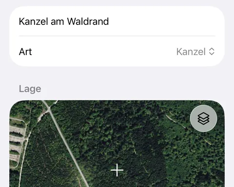 Ansitzwind, Sitz bearbeiten: Name Kanzel am Waldrand, Art Kanzel, darunter die Satellitenkarte mit dem Kreuz auf dem Sitz.