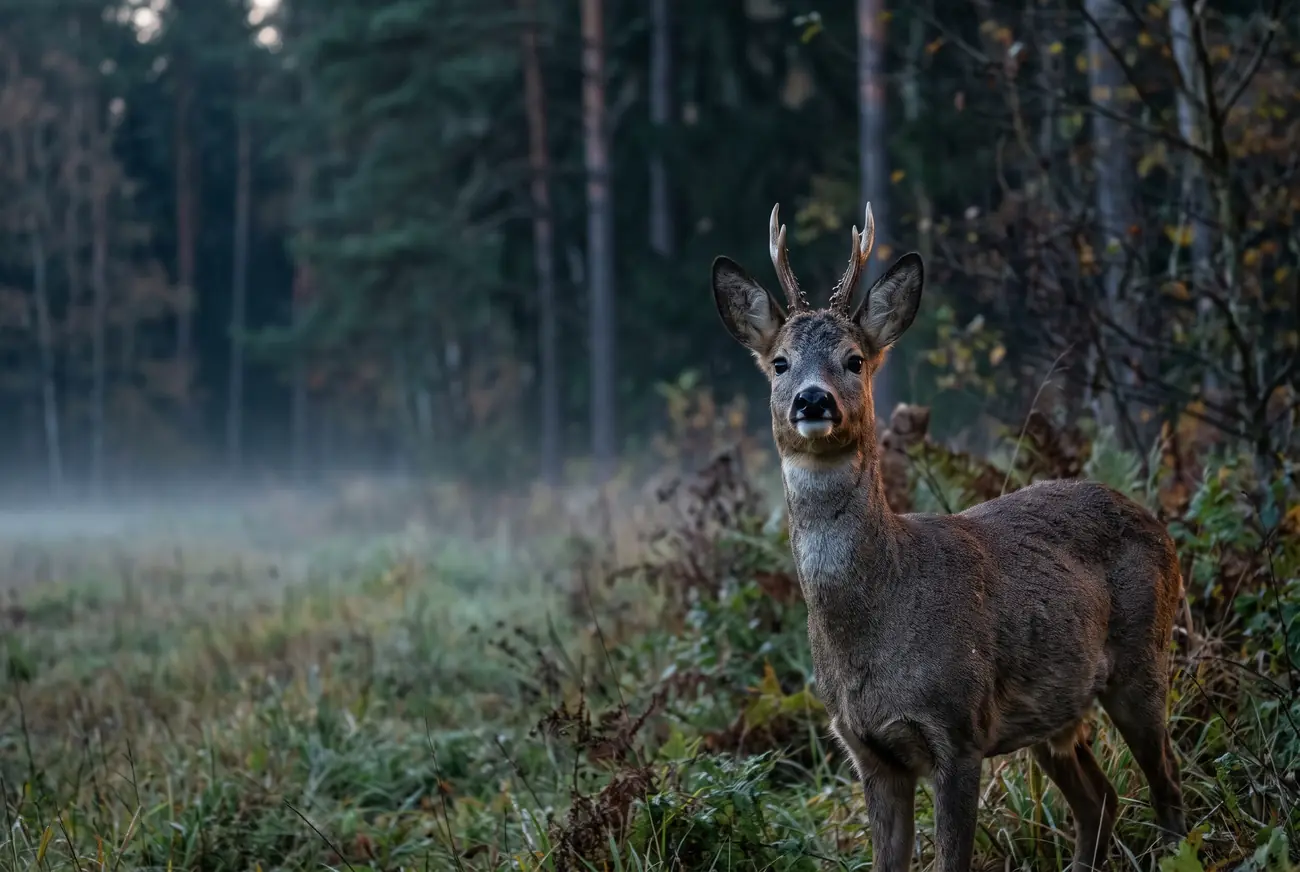 Ein Rehbock am Waldrand in der Dämmerung hebt den Kopf und schaut mit geblähten Nüstern in Richtung Kamera.