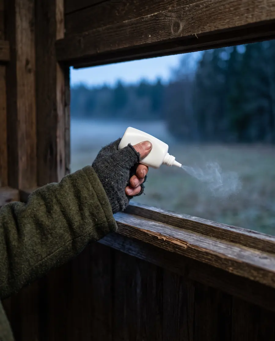 Eine Hand in Lodenjacke und Wollhandschuh drückt am Fenster einer Kanzel eine Puderflasche. Eine kleine Wolke Puder treibt nach rechts.